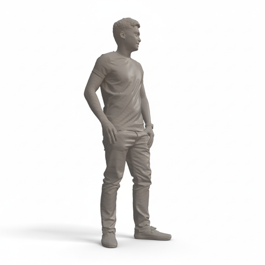 Alex - Figure of a male with short hair standing with his hands in his pockets wearing jeans, t-shirt