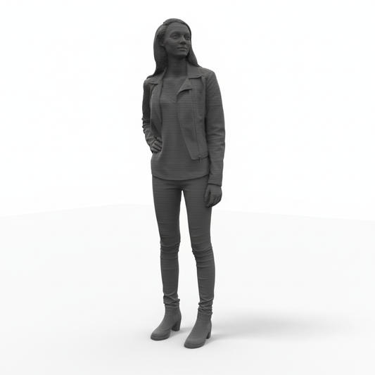 Abigail - Scale Model Box Unpainted Figure of Woman wearing leggings, leather jacket and boots she stands with he right hand on her hip.